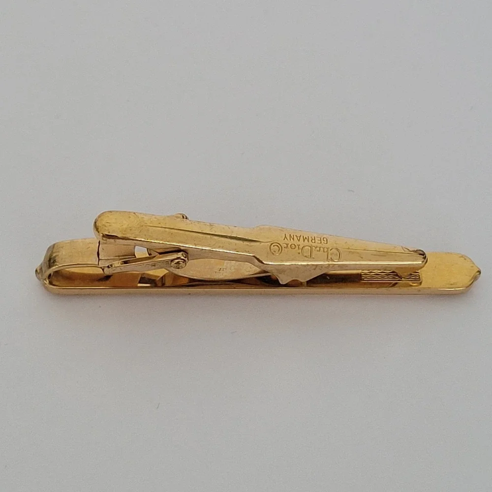 Christian Dior Vintage Gold Tone Etched Tie Clip Mens Accessory Germany Made